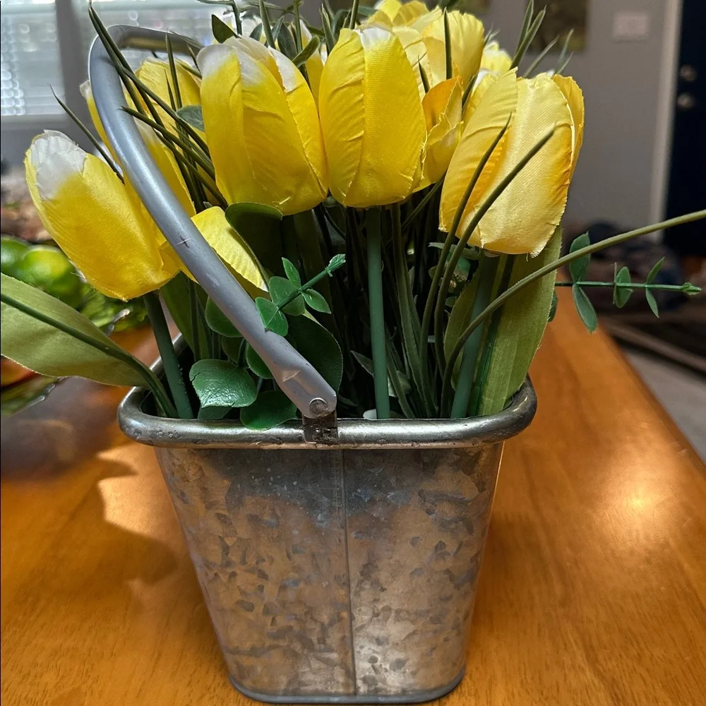 Yellow Tulip Faux Floral Arrangement in Galvanized Planter